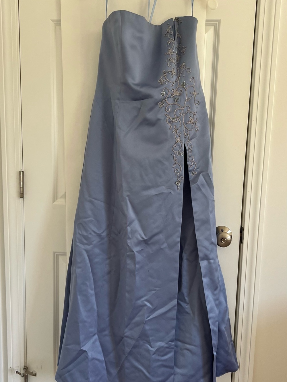 Michaelangelo Strapless Light Blue Evening Gown with Silver Embroidery